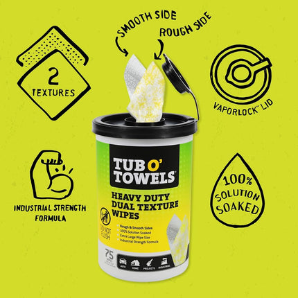 Tub O' Towels TW75 10" x 12" Multi-Surface Cleaning Wipes, Dual Texture, 75 Count per Tub