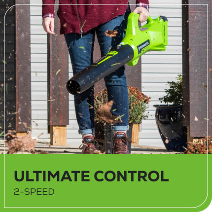 Sopladora de hojas axial inalámbrica Greenworks 40V (100 MPH / 350 CFM), batería de 2.0Ah y cargador incluidos