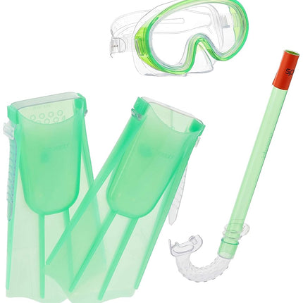 Speedo Unisex-Child Aqua Quest Swim Mask, Snorkel & Fins Set, Glow Green, Large/X-Large
