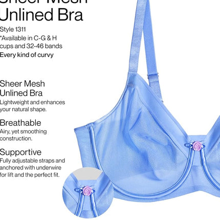 Curvy Couture Women's Sheer Unlined Underwire Plunge Bra, Denim Blue, 40H US