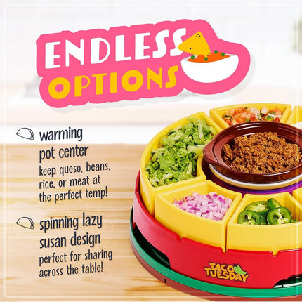 Nostalgia Taco Tuesday Heated Lazy Susan Taco Bar Serving Set for a Party with 4 Tortilla Holders, Fondue Pot for Burritos, Nachos, and Fajitas - 20 Oz. - Red