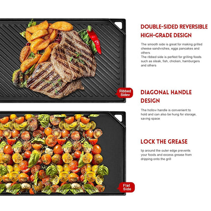 GGC Cast Iron Griddle, Reversible Flat Top Griddle for Gas Grills, Stove Tops, and Outdoor Cooking, 16.5 x 9.5 Baking Flat and Ribbed Griddle Plate for Family Cooking