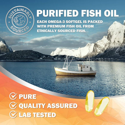 Omega 3 Fish Oil Supplements - 2400mg Fish Oil Per Serving - Triple Strength Omega-3 with EPA & DHA Fatty Acids - Natural Heart, Brain & Immune Support - Wild Caught, Bottled in USA - 60 Softgels