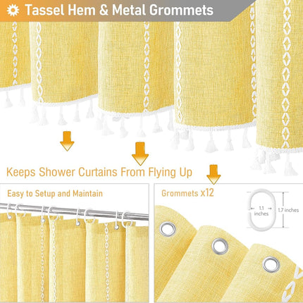 BTTN 72x96 Extra Long Boho Linen Heavy Duty Shower Curtain Set, Yellow