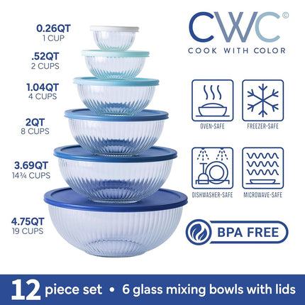 COOK WITH COLOR 12 PC Glass Mixing Bowl Set with Lids ? Borosilicate Glass Nesting Storage Bowls for Kitchen, Prep, Baking & Serving ? Dishwasher, Microwave & Freezer Safe ? Airtight & Leakproof Lids