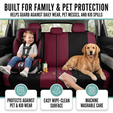 FH Group FB030BURGUNDY-COMBO Seat Cover Combo Set with Steering Wheel Cover and Seat Belt Pad (Airbag Compatible and Split Bench Burgundy)