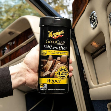 Meguiar's Gold Class Rich Leather Wipes, 25 pack | Best Automotive Care Cleaner | For Use on Upholestry, Auto Interiors and Accessories | Non-Toxic Leather Cleaner Wipes