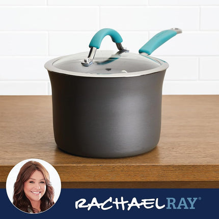 Rachael Ray Cucina Sartén/Cacerola Antiadherente de Aluminio Anodizado Duro con Tapa, 3 Cuartos, Azul
