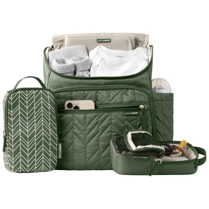Mochila Skip Hop para pañales: Forma, bolsa de viaje multifunción para bebé con cambiador y accesorios para cochecito, salvia