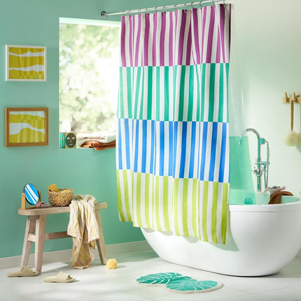 TOWN & COUNTRY PLAY Adeline Offset Stripe Cotton-Rich Breathable Fabric Shower Curtain with Anti-Rust Grommets, Purple/Green/Blue, 70"x72"