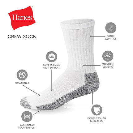 Hanes Men's Work Socks, 6-Pack, White, 12-14