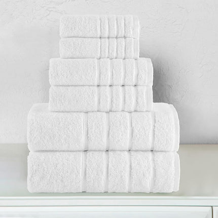 Juego de toallas de lujo Elegant Comfort de 6 piezas con rayas de viscosa de 4 líneas - Toallas de baño de lujo 100% algodón turco de alta absorción – Incluye 2 toallitas, 2 toallas de mano y 2 toallas de baño, blanco
