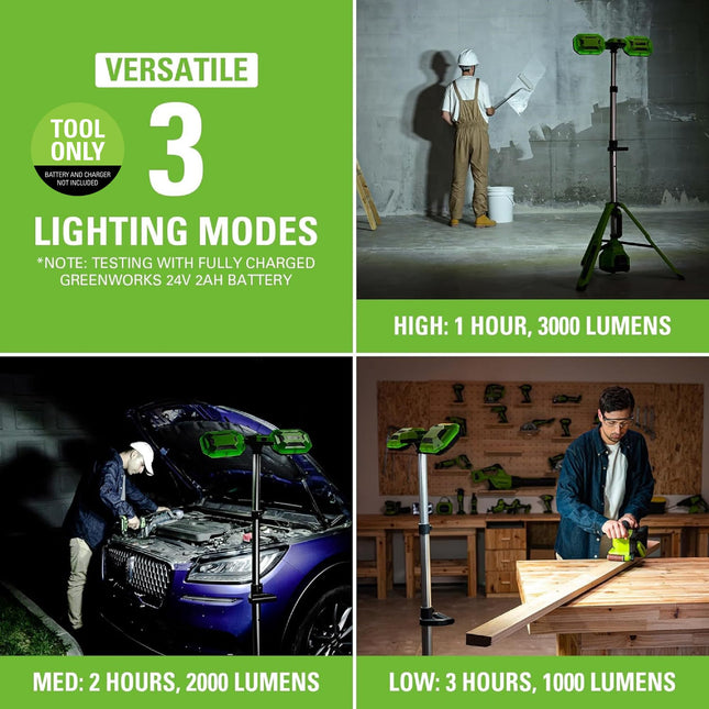 Greenworks 24V Standing Light, LED Tripod Light, Cordless Tower Work Light, Tool Only