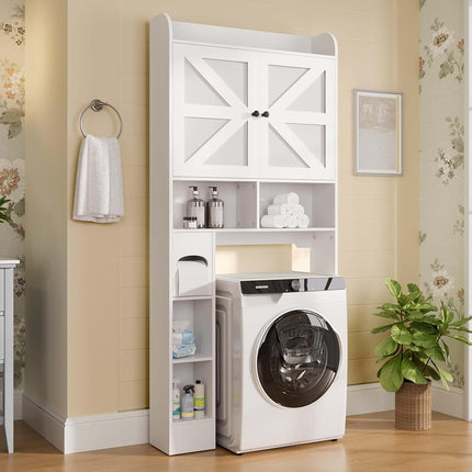 Vipbear Meuble de Rangement Autoportant en Bois au-Dessus des Toilettes avec 2 Portes Coulissantes, Porte-Papier Toilette, Dispositif Anti-Basculement et Étagère Réglable, Idéal pour Salle de Bain, Toilettes et Buanderie