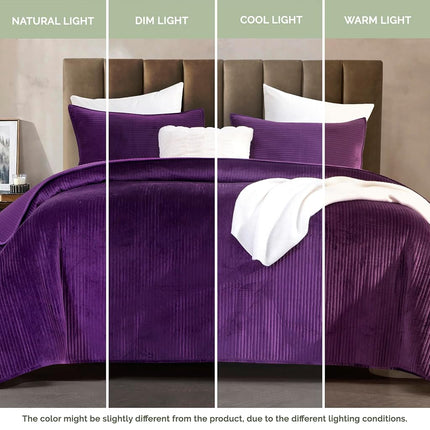 Elegant Comfort Luxury 3-Piece Velvet Corduroy Stripe Quilt Set, Ultra Soft Bedspread - Cozy Velvet Coverlet Set - 3PC Medium Weight Quilted Set with Matching Pillow Shams, Full, Purple