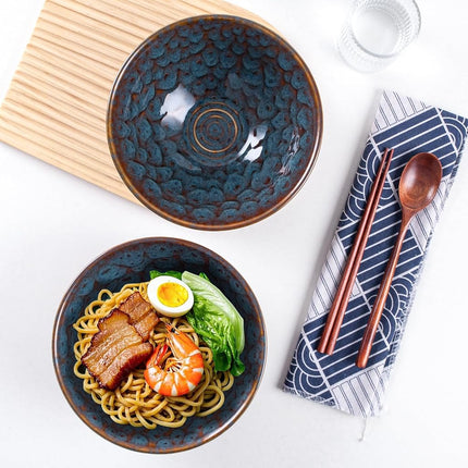 HOKELER Ceramic Japanese Ramen Bowl Set, 2 Sets Asian Pho Udon Soup Noodle Bowls with Spoons and Chopsticks (Peacock Green, 8 inches)