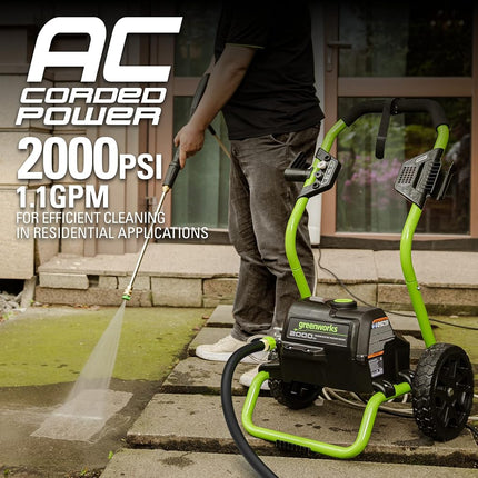 Greenworks 2000 PSI (13 Amp) Electric Pressure Washer (Wheels for Transport / 20 FT Hose / 35 FT Power Cord) Great for Cars, Fences, Patios, Driveways