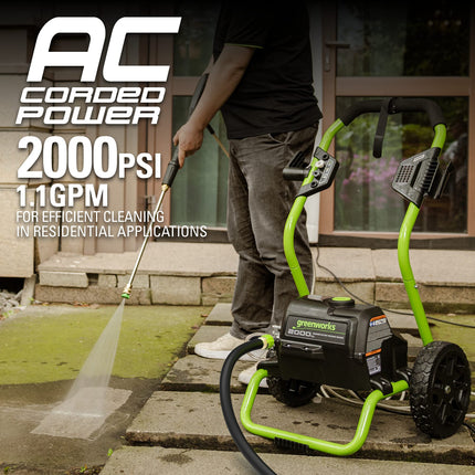 Greenworks Lavadora a presión eléctrica de 2000 PSI (13 amperios) (ruedas para transporte / manguera de 20 pies / cable de alimentación de 35 pies) Ideal para automóviles, cercas, patios, entradas de vehículos