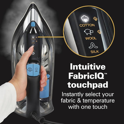 Fer à vapeur Hamilton Beach pour vêtements et défroisseur avec pavé tactile intuitif FabricIQ, semelle durable en acier inoxydable, arrêt automatique à 3 voies, 1800 watts, réservoir d'eau de 350 ml, cordon de 3 m, noir (14950)