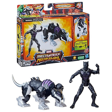 Marvel Mech Strike Mechasaurs, 4-Inch Black Panther with Sabre Claw Mechasaur Action Figures, Super Hero Toys for Kids Ages 4 and Up