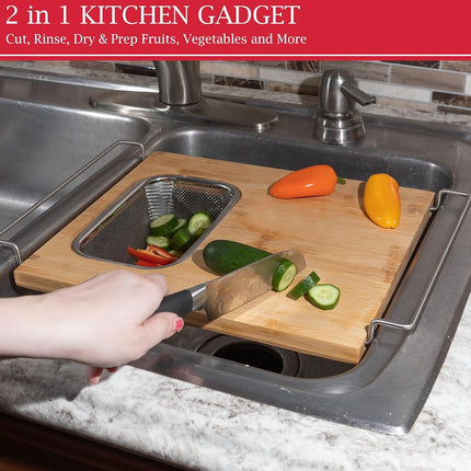 Cutting Board with Strainer - 2 in 1 Adjustable Bamboo Chopping Board with Removable Stainless Steel Colander for Over The Sink by Classic Cuisine