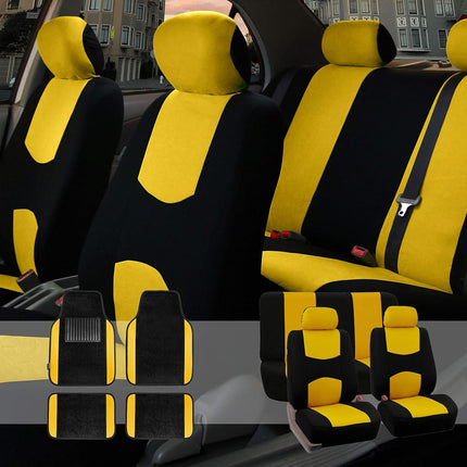 FH GROUP FH-FB050115 + F14407 Full Set Flat Cloth Car Seat Covers with Premium Carpet Floor Mats, Yellow / Black- Fit Most Car, Truck, Suv, or Van