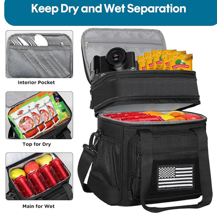 GLENKEY Double Deck Insulated Lunch Box, Expandable Large Lunch Bag Leakproof Cooler Bag Lunch Pail for Men Women Adults Work Shifts Travel Daytrip, 16L, Black