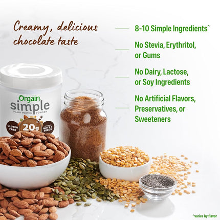 Orgain Organic Simple Vegan Protein Powder, Chocolate - 20g Plant Based Protein, Made with Fewer Ingredients, No Stevia or Artificial Sweeteners, Gluten Free, Dairy Free, Soy Free - 1.25lb