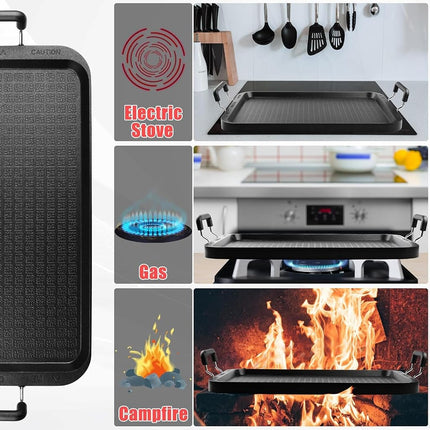 Vayepro Stove Top Flat Griddle, 2 Burner Griddle Pan for Glass Stove, Aluminum Pancake Griddle, Non-Stick Top for Gas Grill, Double Burner for Camping/Indoor