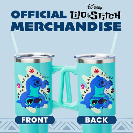 Silver Buffalo Disney Lilo et Stitch Aloha No Bad Days Gobelet en acier inoxydable Chillin' avec poignée et paille, compatible avec les porte-gobelets standard, 1,2 litre