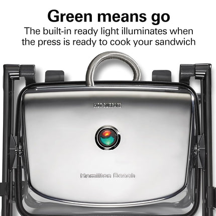 Prensa Panini Eléctrica Hamilton Beach con Tapa de Bloqueo, Apta para Sándwiches de Cualquier Grosor, Placas Antiadherentes de 20.3 x 25.4 cm, Acabado Cromado (25460A)