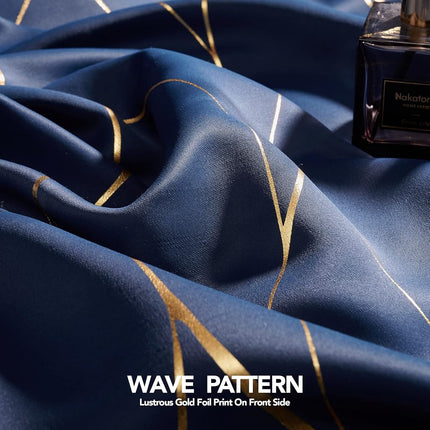 Deconovo Gold Wave Foil Print Blackout Curtains, 52W x 84L Inch, Navy Blue, 1 Pair, Grommet Light Blocking Room Darkening Curtain, Noise Reducing Window Drapes for Living Room Bedroom