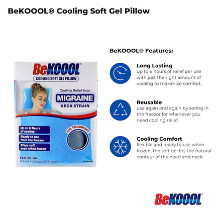 BeKOOOL Cooling Soft Gel Pillow - Reusable Cooling Relief from Migraines, Neck Strain and Fever - Up to 6 Hours of Cooling, Ready to Use, Stays Soft When Frozen