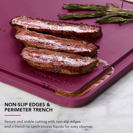 KitchenAid Classic Plastic Cutting Board with Perimeter Trench and Non Slip Edges, Dishwasher Safe, 12 x 18 inch, Beetroot