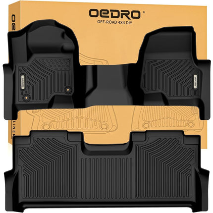Alfombrillas OEDRO compatibles con Ford F-250/F-350 Super Duty Crew Cab 2017-2025 con asiento de banco en la 1.ª fila, con caja de almacenamiento, revestimientos de suelo TPE negros a medida para todo tipo de clima