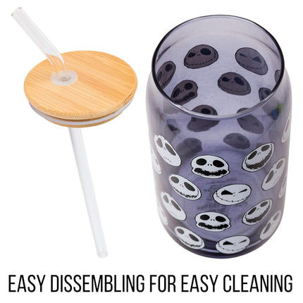Silver Buffalo Disney Tim Burton Nightmare Before Christmas Jack Skellington Expressions Gray Glass Jar Tumbler with Bamboo Lid and Glass Straw, 16 Ounces