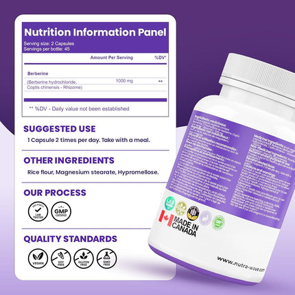Nutrawave PURE Berberine MAXIMUM POTENCY 1000mg per Serving (2 capsules 500mg each) Non-GMO, Vegan, Gluten Free. 90 Easy to Swallow Capsules