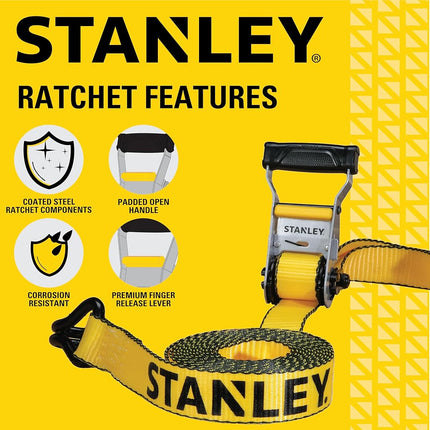 STANLEY S50002-2 Black/Yellow 1.5" x 16' Heavy-Duty Ratchet Straps (5,000 lb Break Strength), 4 Pack