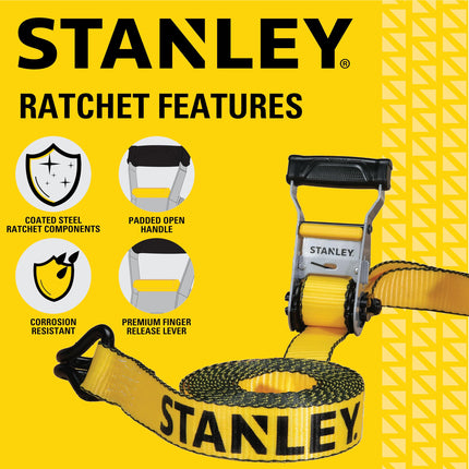 STANLEY S50002-2 Black/Yellow 1.5" x 16' Heavy-Duty Ratchet Straps (5,000 lb Break Strength), 4 Pack