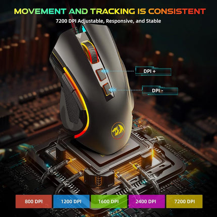 Redragon M602 Gaming Mouse, Ergonomic RGB Gaming Mouse Wired with 9 Programmable Buttons, 7200 DPI Adjustable, 7 Backlit Modes, Professional Optical Gamer Mouse for Gamer Office, Black