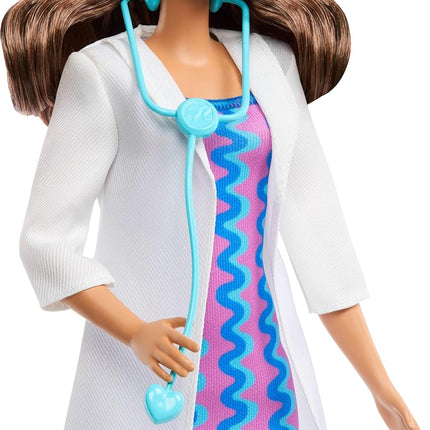 Barbie Careers Doctor Fashion Doll Wearing Removable Look with White Coat, Dress & Shoes, Plus Stethoscope Accessory, JKF76