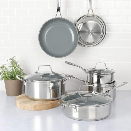 Martha Stewart Delaroux 10 Piece Stainless Steel Pots and Pans Kitchen Cookware Set w/PFAs Free Premium Nonstick Ceramic Interior