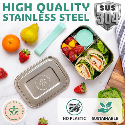 Everusely - Bento Box - Green, 37oz / 1.1 L - Stainless Steel Lunch Box with Leakproof Condiment Container - 3 Compartment Snack Organizer for On the Go Meals - Freezer & Dishwasher Safe
