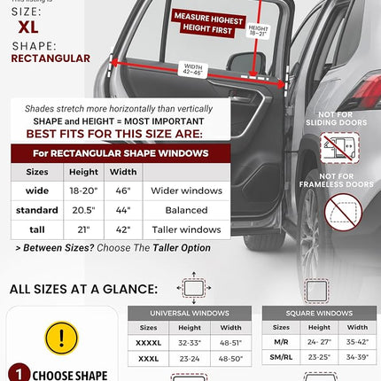 XL/Car Side Window Shades for SUV. 8 Sizes/2 Pack. Stretch-to-Fit Mesh for Rear Windows Up to H:20" x W:46". Sun, Heat & Bugs Protection, Blocks 96% UVA. Camping Windows Screens | Qualizzi®