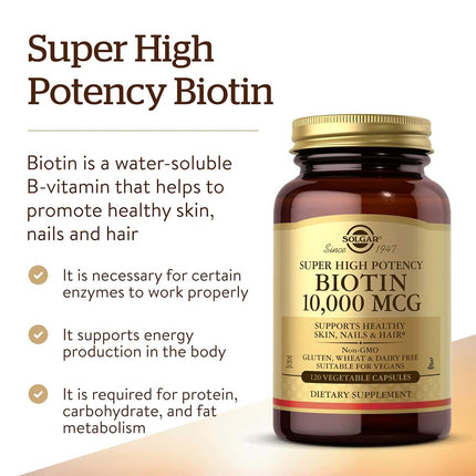 Solgar – Biotine 10 000 µg, 120 Gélules Végétales – Soutient la Santé de la Peau, des Ongles et des Cheveux