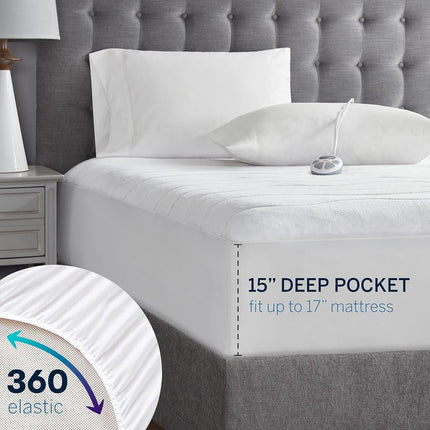 Protector de colchón térmico de felpa Serta - Calentador de cama eléctrico con doble control, 10 configuraciones de calor, temporizador de apagado automático - Protector de colchón eléctrico lavable a máquina, certificación ETL, King, blanco