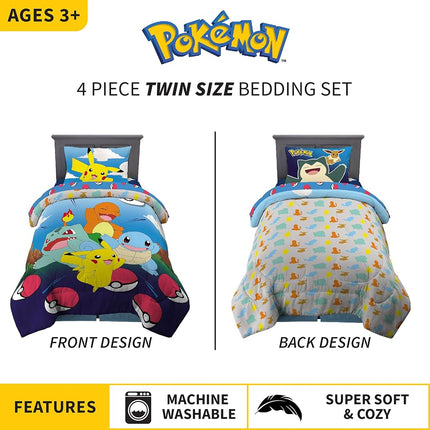 Parure de lit Franco super douce avec couette et draps, 4 pièces taille jumeau, Pokémon (les motifs peuvent varier)