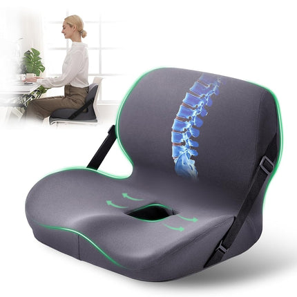 EGOHOME L-Shaped Seat Cushion for Office Chair & Car, Memory Foam Coccyx Cushion with Lumbar Support - Relieves Tailbone, Sciatica, Lower Back Pain, Adjustable Strap & Non-Slip Bottom, Grey