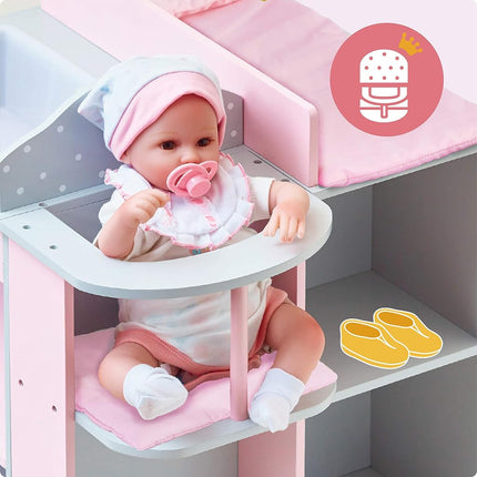 Olivia's Little World 6-in-1 Wooden Baby Doll Changing Station with Crib, Changing Table, High Chair, Double-Door Closet, Sink and Washing Machine, Multicoloured