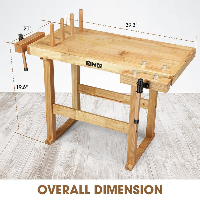 DNA MOTORING Heavy Duty Wood Workbench, Wooden Workbench for Workshop, Garage, W/Adjustable Handle, TOOLS-00523